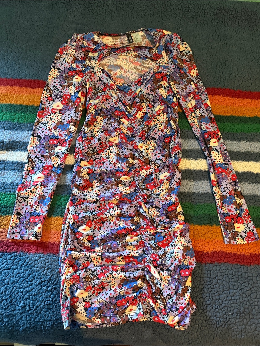 H&M Multicolor Floral Long-Sleeve Ruched Dress